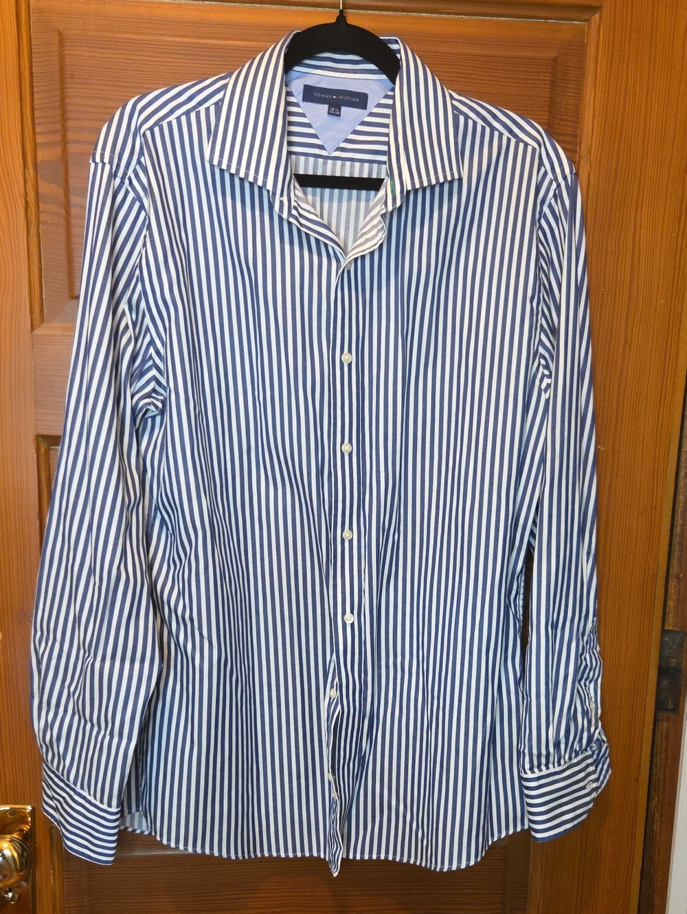 Tommy Hilfiger Blue and White Vertical Stripe Dress Shirt